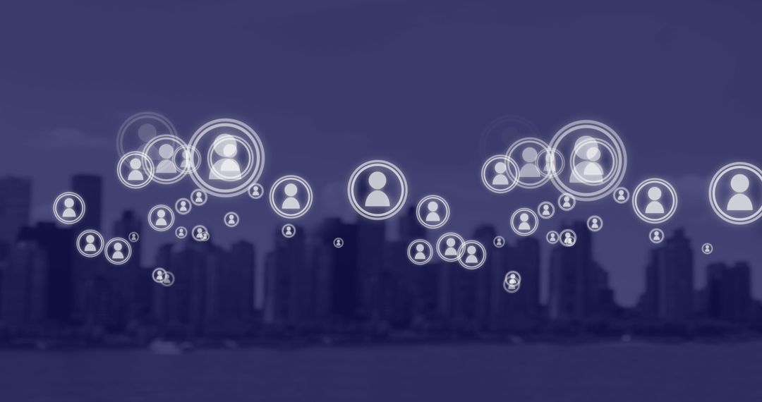 Digital Connectivity Icons Over Urban Skyline Illustrating Global Communication