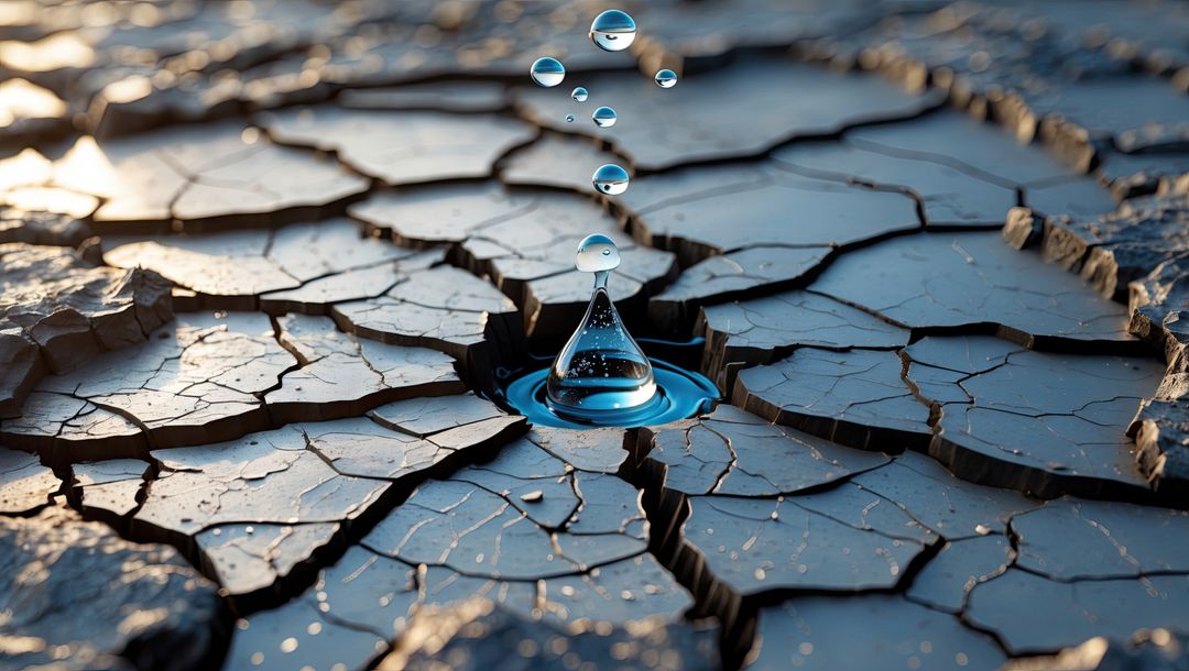 Water droplet splashing on parched cracked soil from drought under sunlight