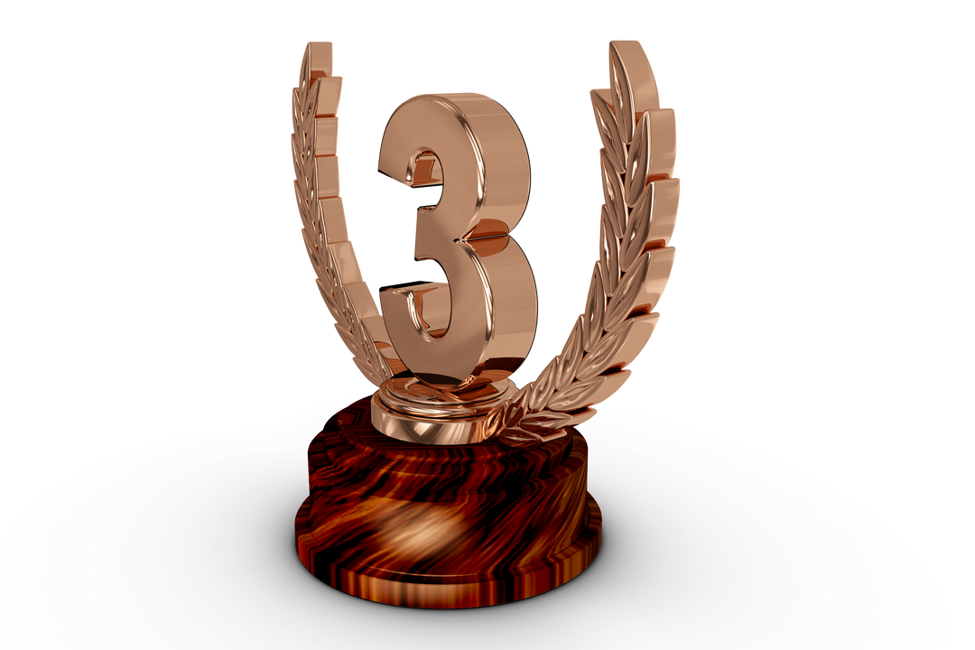 Bronze Trophy on wooden base with number 3 on transparent background, Third Place Award - Download Free Stock Images Pikwizard.com