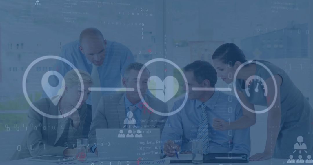 Team Collaborating on Project with Overlay of Digital Icons for Business Solutions