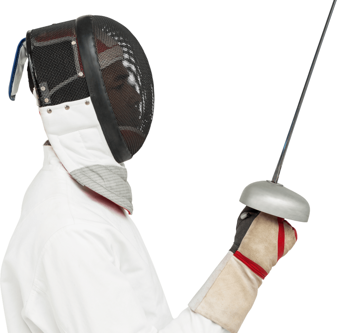 Transparent Fencer in Full Gear Holding Staff Ready