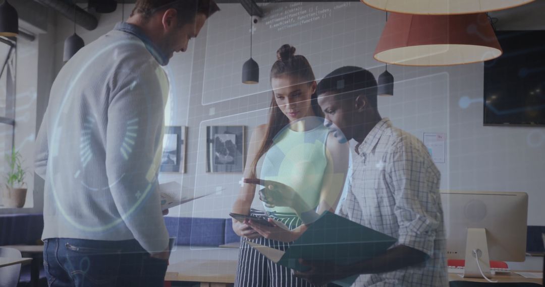 Colleagues Collaborating with Technology Overlay in Open Office