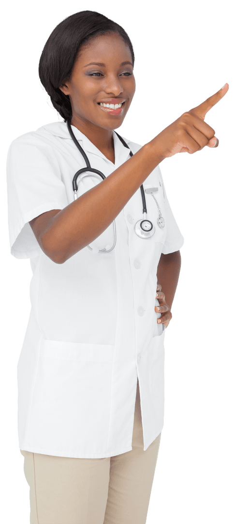 Confident Female Doctor Pointing on Transparent Background