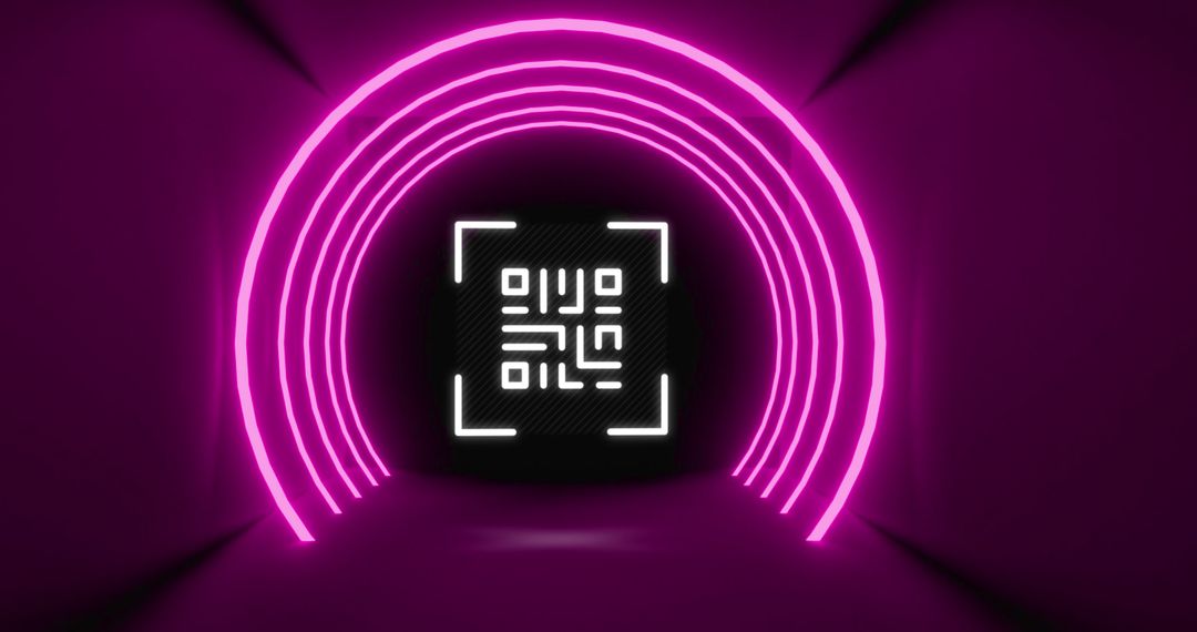 Neon Circles with Digital QR Code on Purple Backdrop