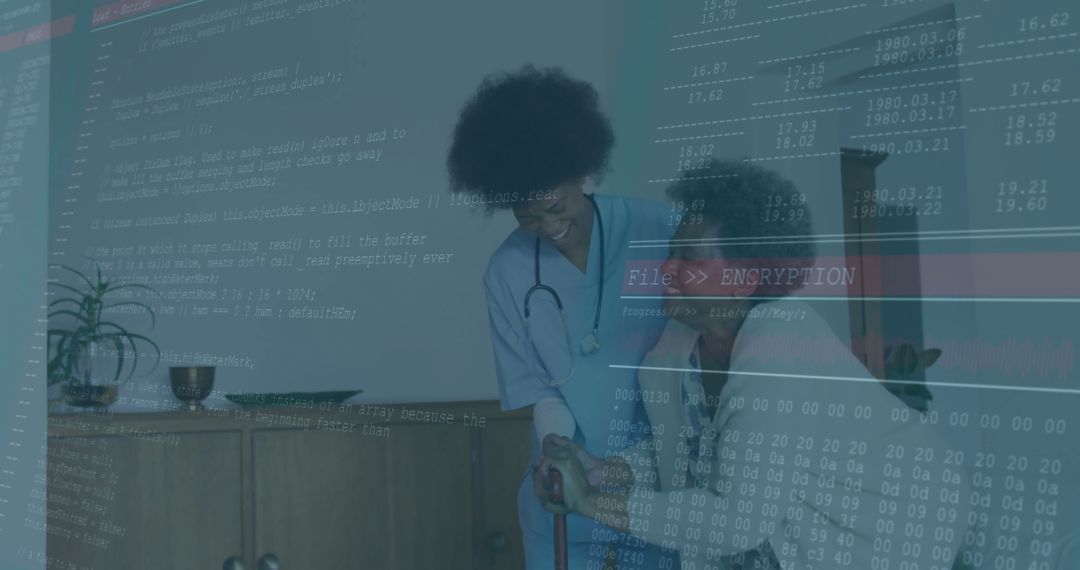 Nurse Assisting Senior with Technology Code Overlay