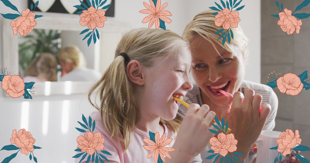 Mother and Daughter Brushing Teeth with Floral Decorations - Free Images, Stock Photos and Pictures on Pikwizard.com