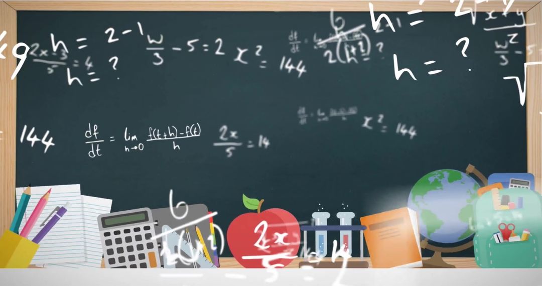 Chalkboard with School Supplies and Mathematical Equations Background