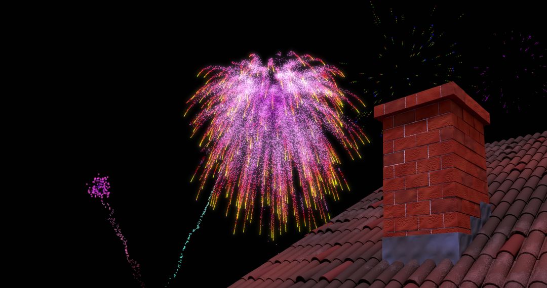 Colorful Fireworks Display Over Brick Chimney at Night