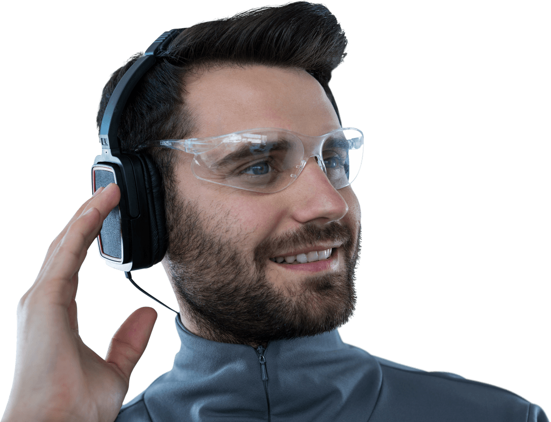 Happy Man Wearing Transparent Glasses Listening With Headphones