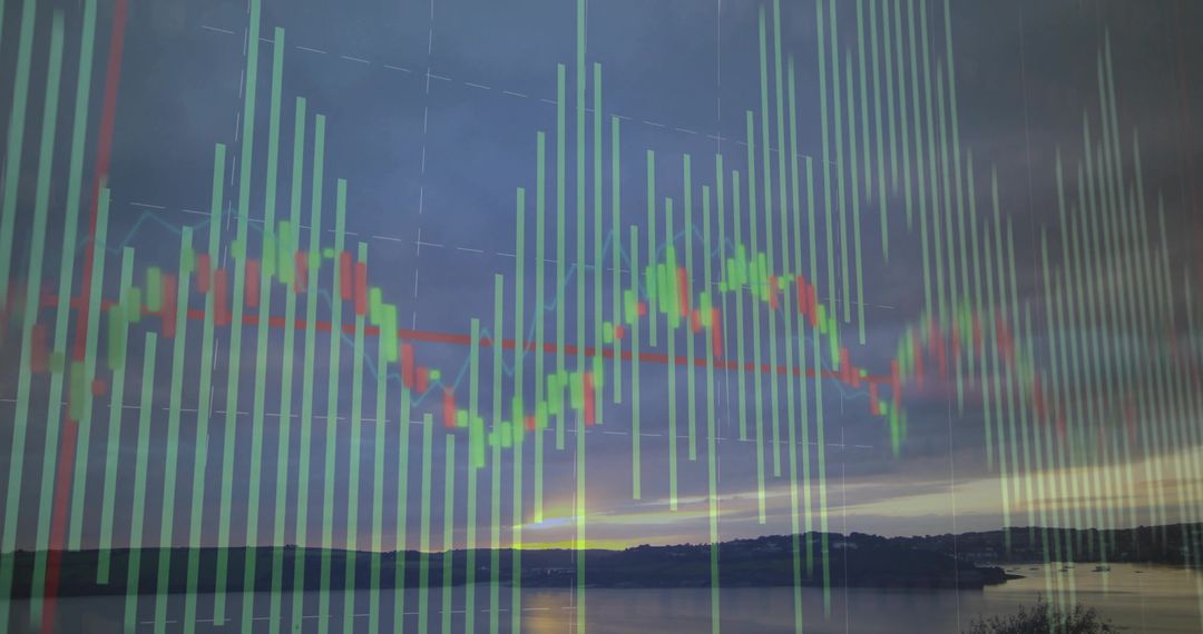 Candlestick Chart Overlays Serene Lakeshore Sunset Scenery