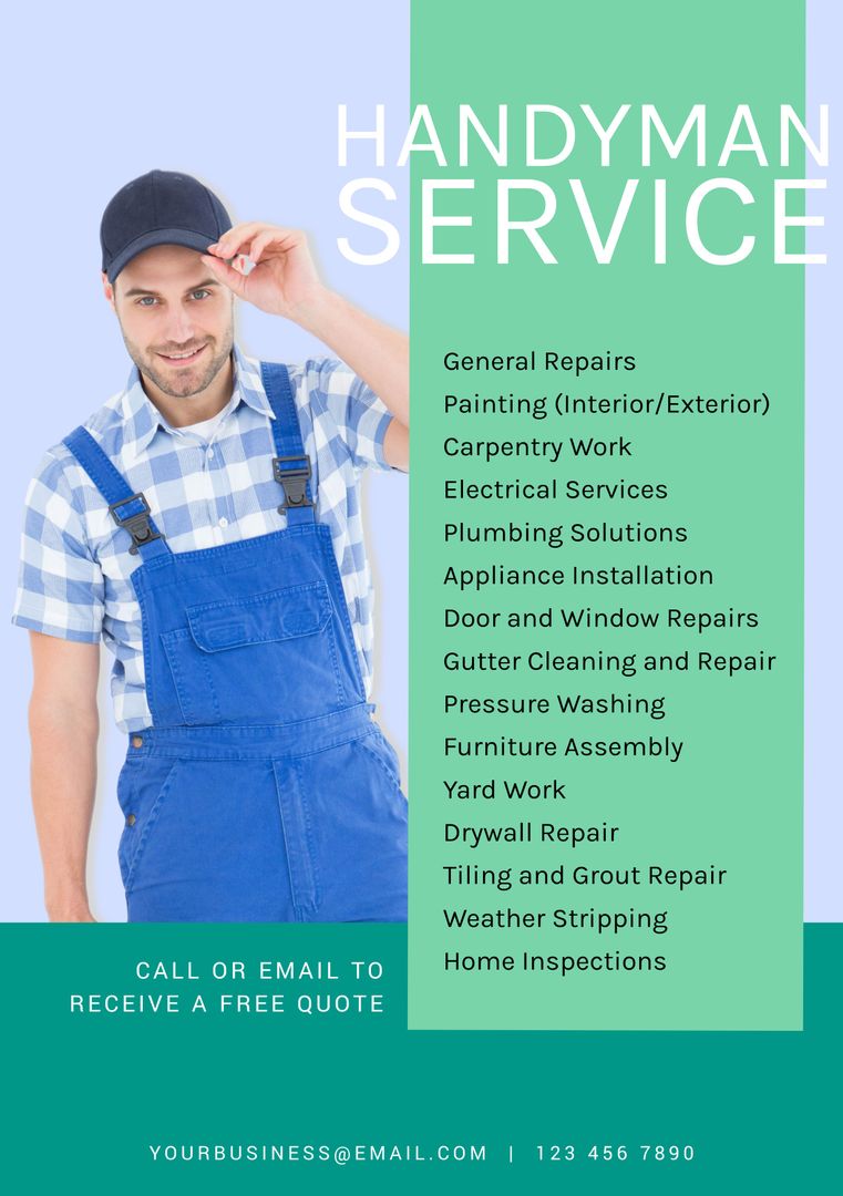 Professional Handyman Offering Various Home Repair Services Smiling in Uniform - Download Free Stock Templates Pikwizard.com