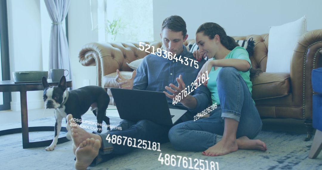 Couple Engaging with Laptop and Dynamic Digital Data Display