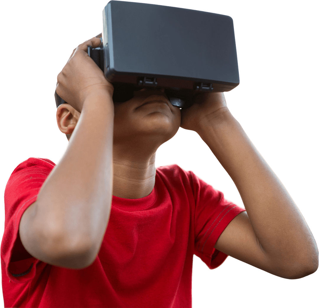 Boy Experiencing Virtual Reality with Headset on Transparent Background