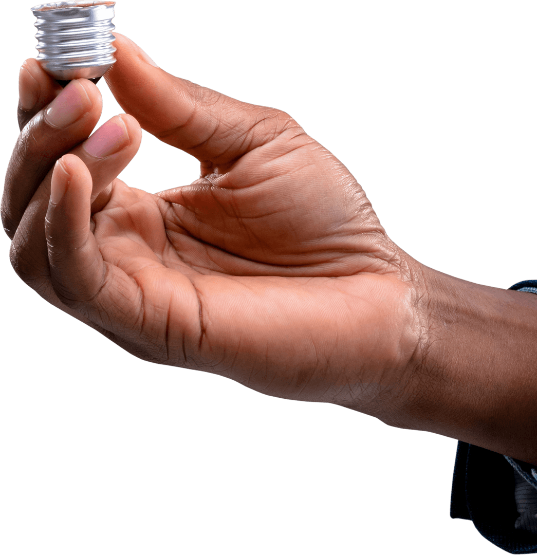 Close-Up of Hand Holding Bulb Screw Base on Transparent Background