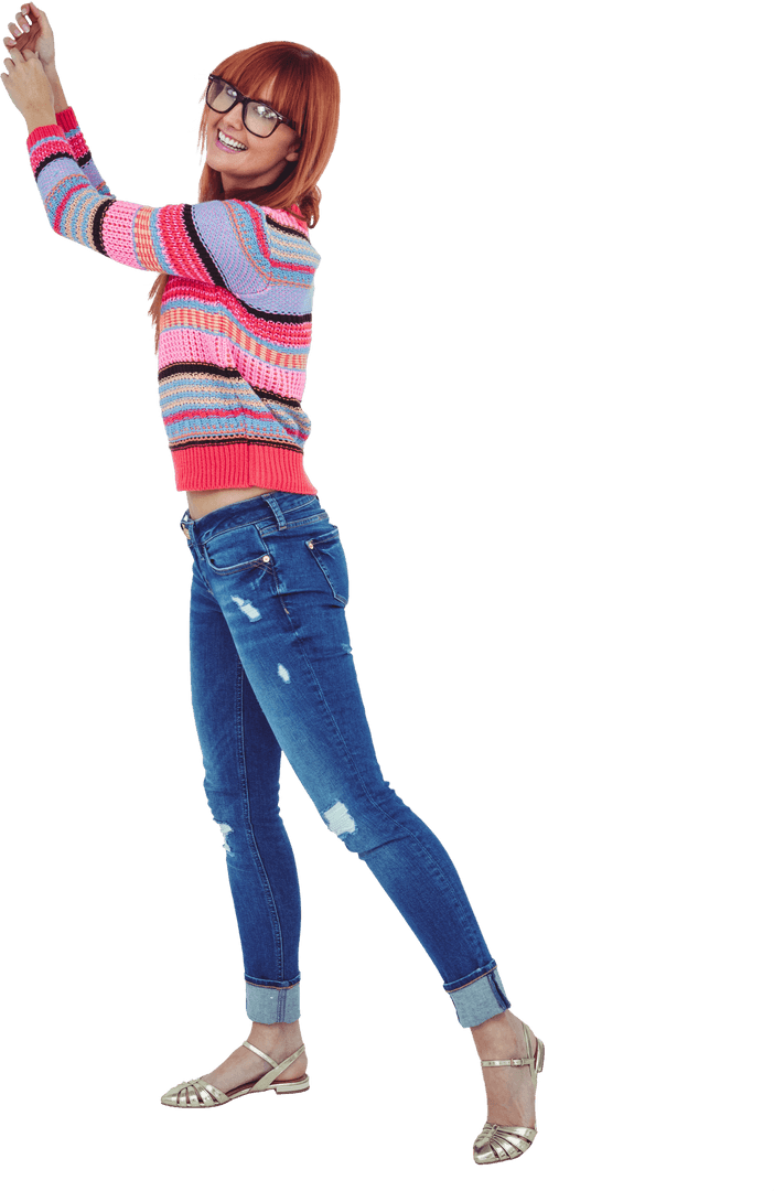 Happy Hipster Woman in Striped Sweater On Transparent Background