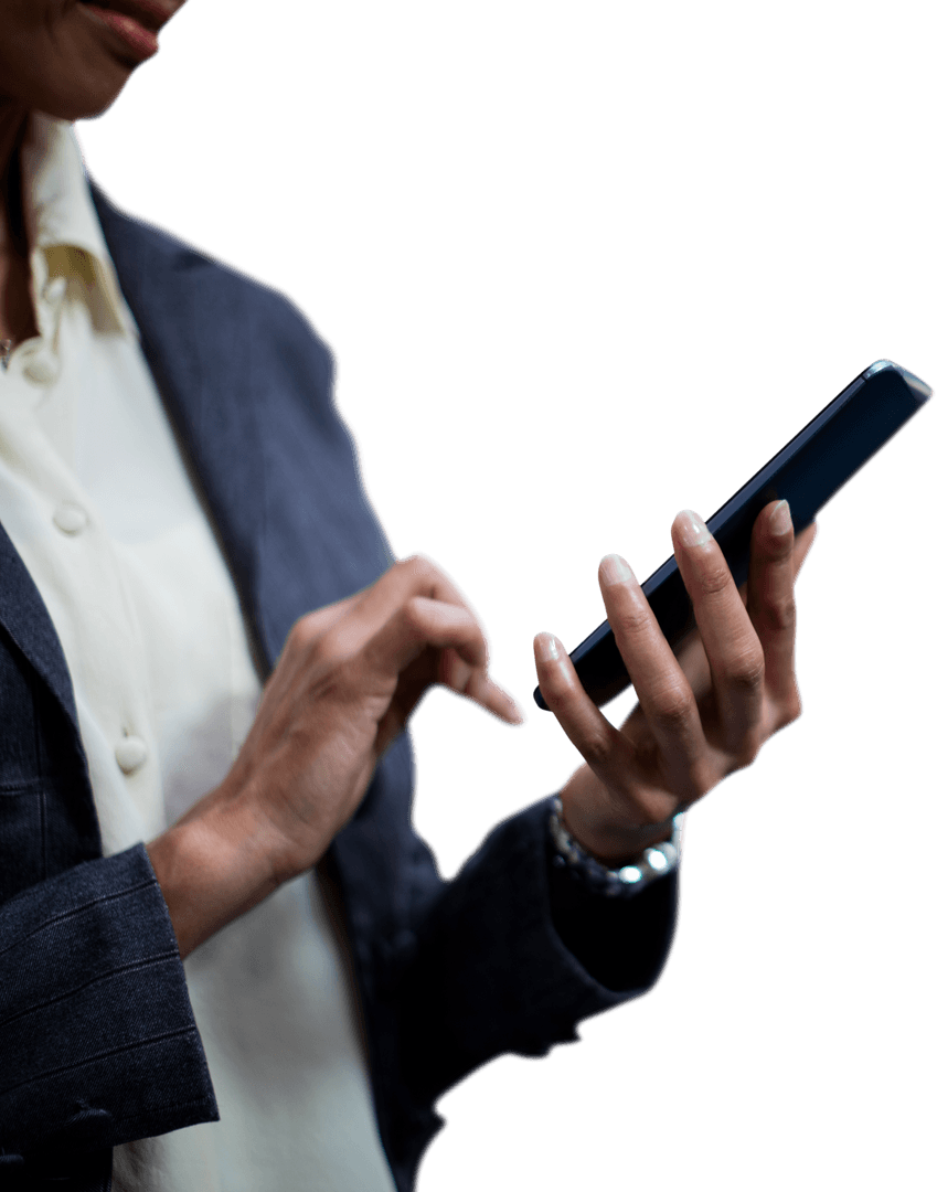 Businesswoman Engaging with Tablet on Transparent Background