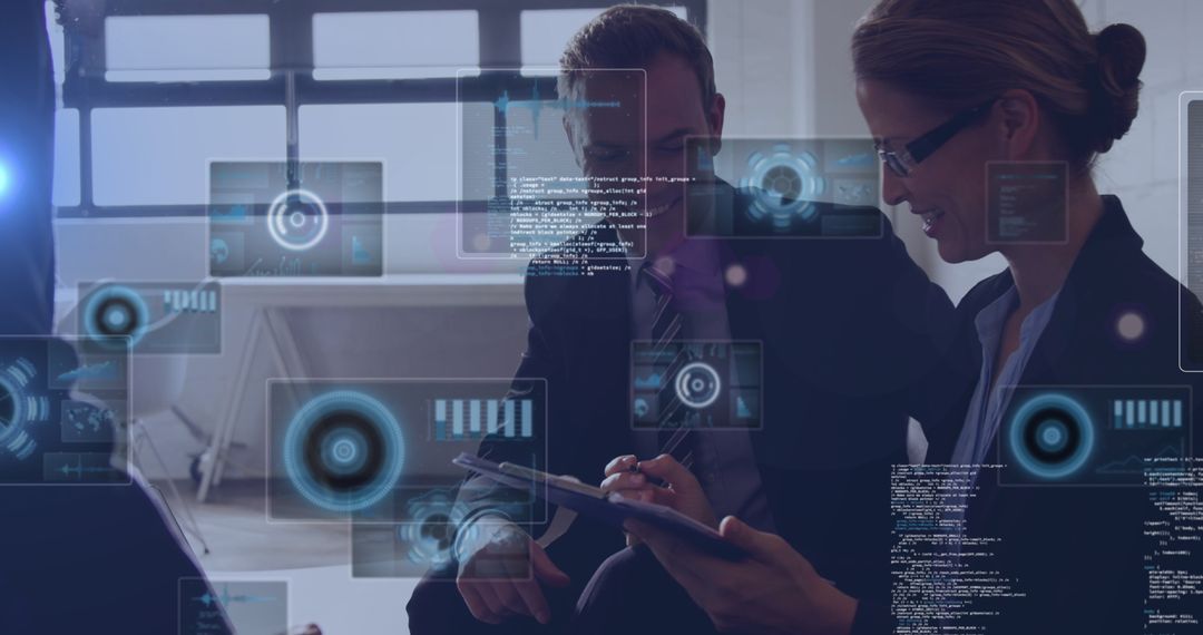 Business People Analyzing Digital Data Interfaces Holding Touch Pads