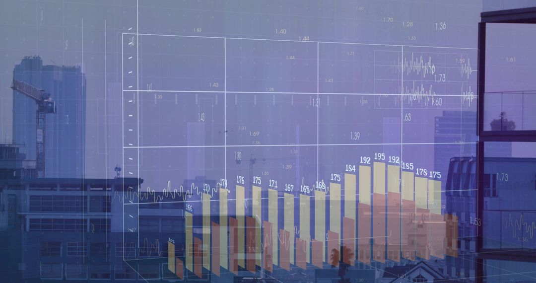 Data Visualization Overlay with Urban Skyline and Technological Grid