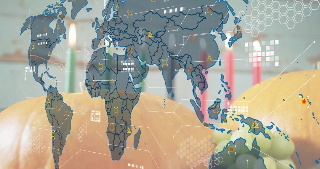 Autumn pumpkins blending with world map data overlay and warm candle bokeh