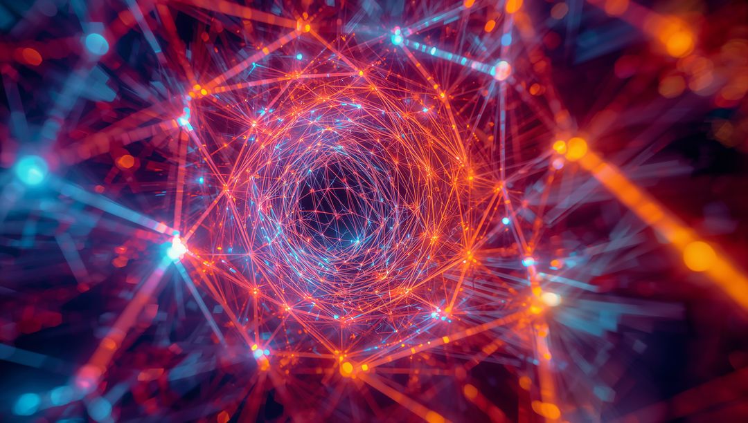 Neon Geometric Network Tunnel with Glowing Nodes, Wireframe Mesh and Digital Vortex