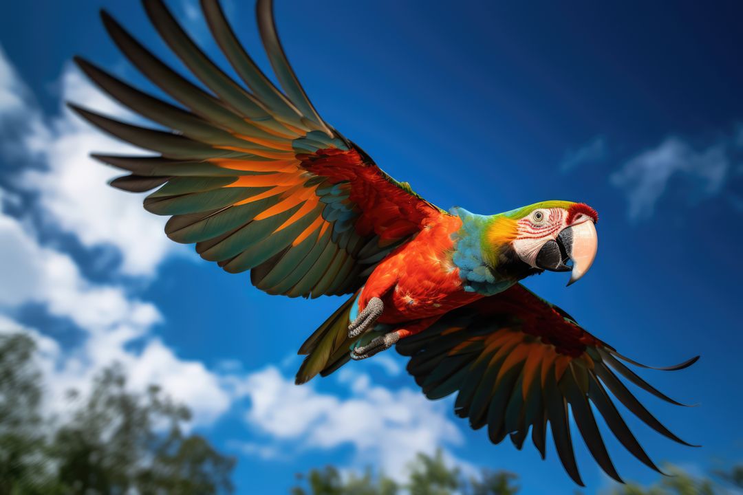 Colorful Macaw in Flight Against Blue Sky - Free Images, Stock Photos and Pictures on Pikwizard.com