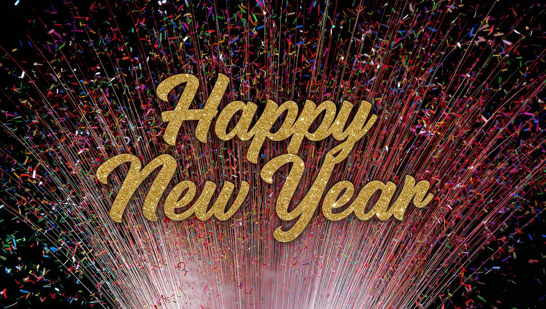 Golden Glitter Happy New Year Script with Radiant Confetti Burst and Colorful Light Rays