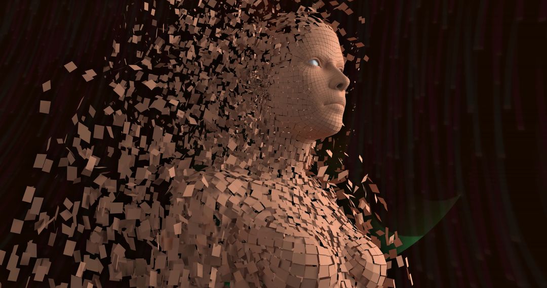 Exploding Digital Woman with Floating Blocks in Futuristic Scene