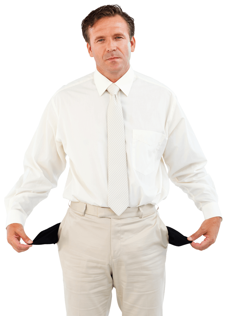 Businessman with Empty Pockets on Transparent Background