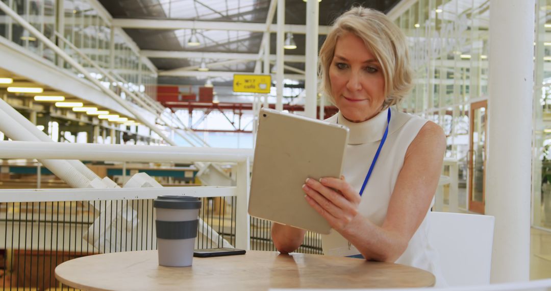 Professional Woman Reviewing Documents on Tablet in Modern Office