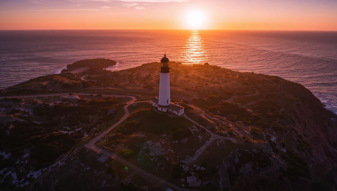 Cliffside Lighthouse at Sunset Overlooking Ocean with Winding Paths and Golden Reflection