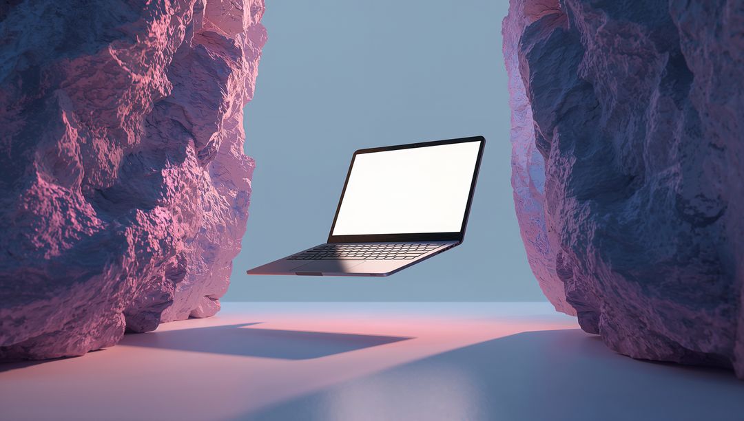 Futuristic Laptop Floating Between Rock Pillars with Lit Blank Screen