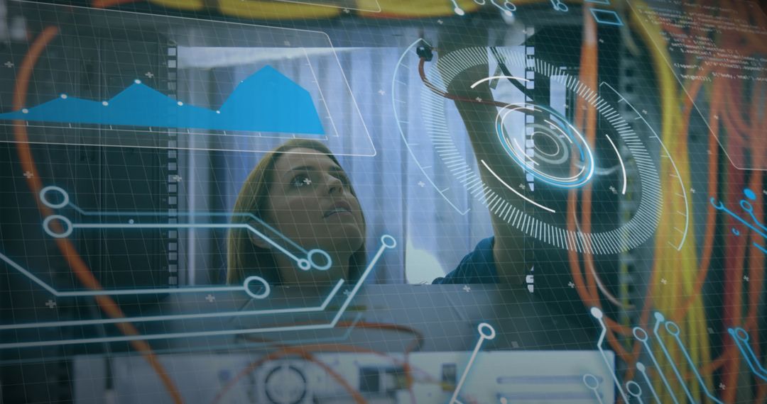 Futuristic Networking Technician in Data Center with Holographic Charts