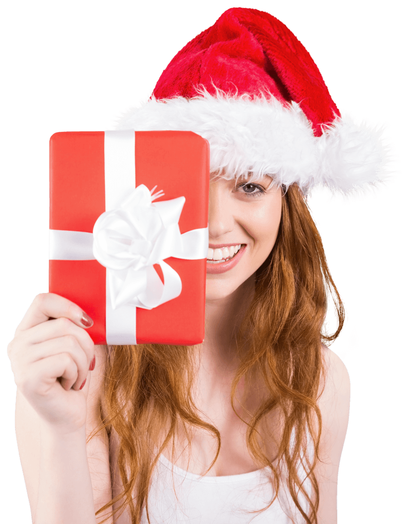 Smiling Female in Santa Hat with Transparent Festive Gift
