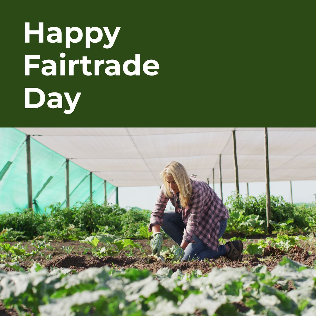 Caucasian Female Farmer Celebrating Happy Fairtrade Day in Garden