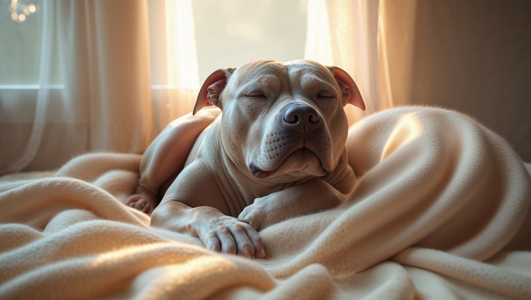 Pit bull dog relaxing in sunlit bedroom with cozy blanket