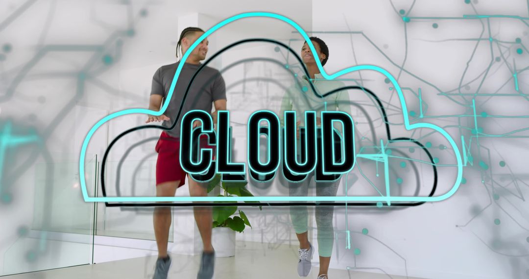 Collaborating around cloud hologram in modern workspace with digital connectivity overlay