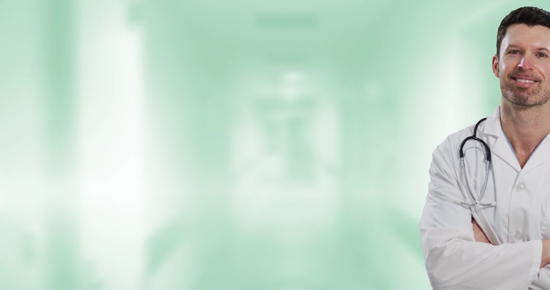 Confident Male Doctor in Hospital Corridor