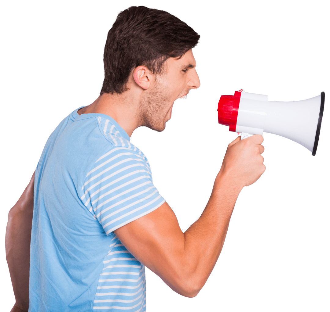 Transparent Young Man Shouting into Megaphone Communicating Message