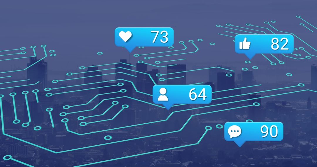 Digital Network Overlays Cityscape with Social Media Interactions