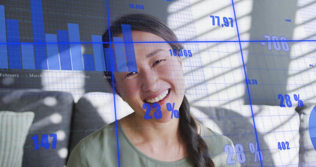 Smiling woman sitting on sofa with blue data overlays and blinds shadows, tech analytics concept