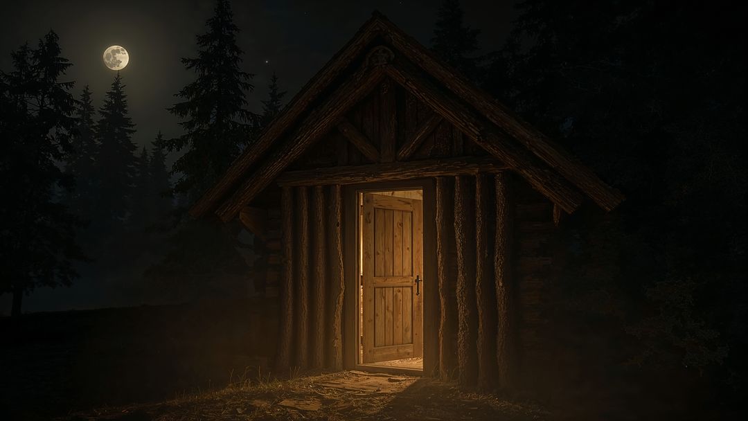 Rustic Cabin Illuminated in Moonlit Forest