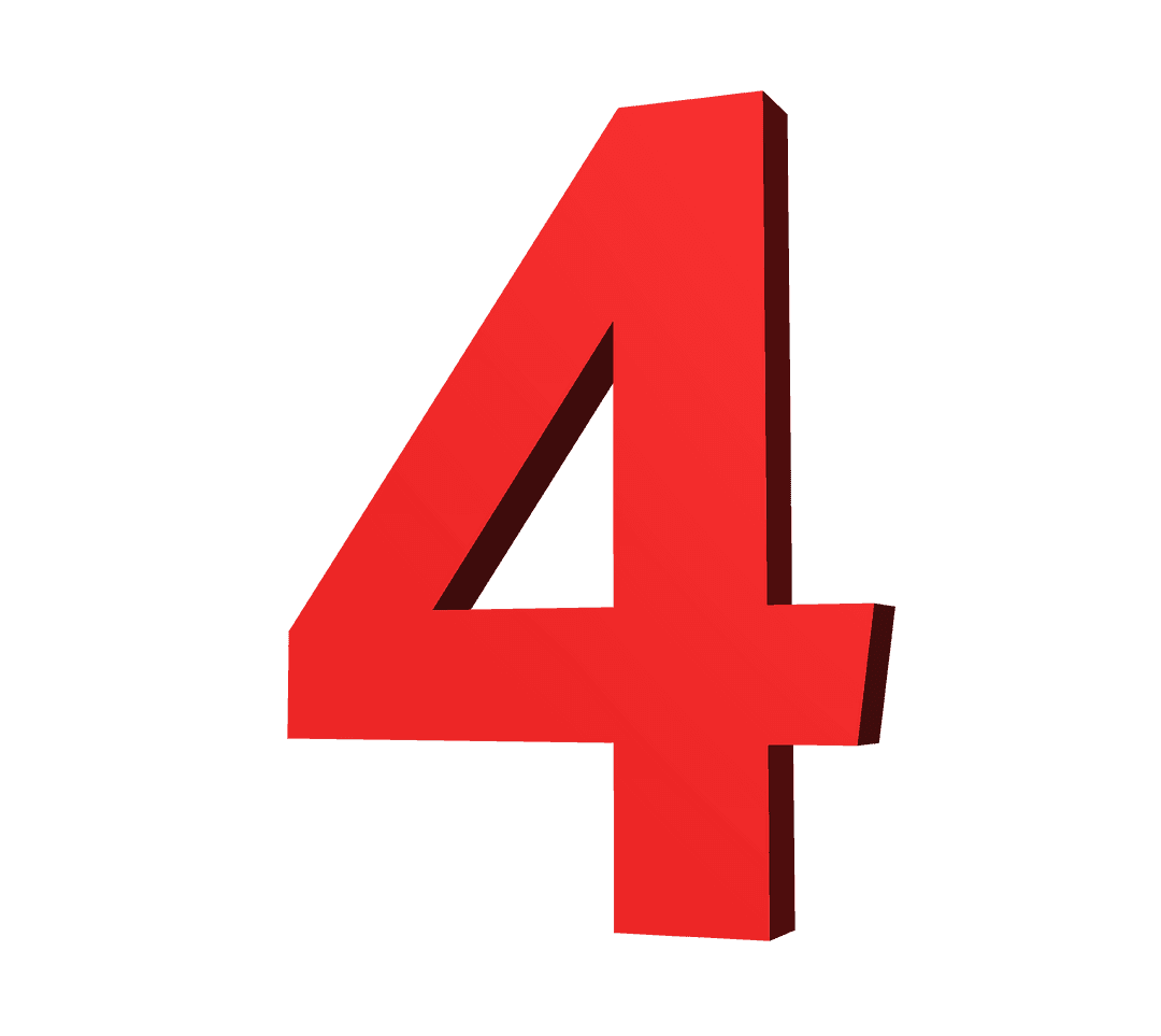 Digital Red Number Four on Transparent Background Isolated