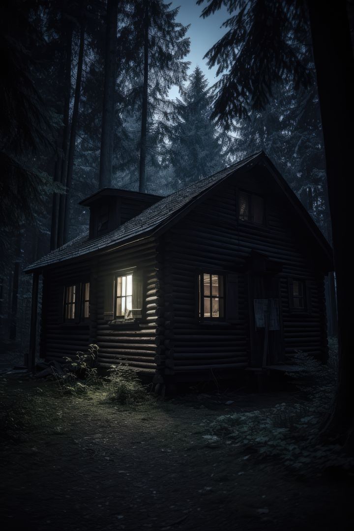 Wooden cabin in forest with lit windows at night, created using generative ai technology - Free Images, Stock Photos and Pictures on Pikwizard.com