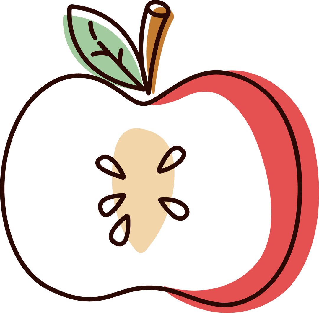 Simple Transparent Apple Half with Seeds and Leaf Illustration