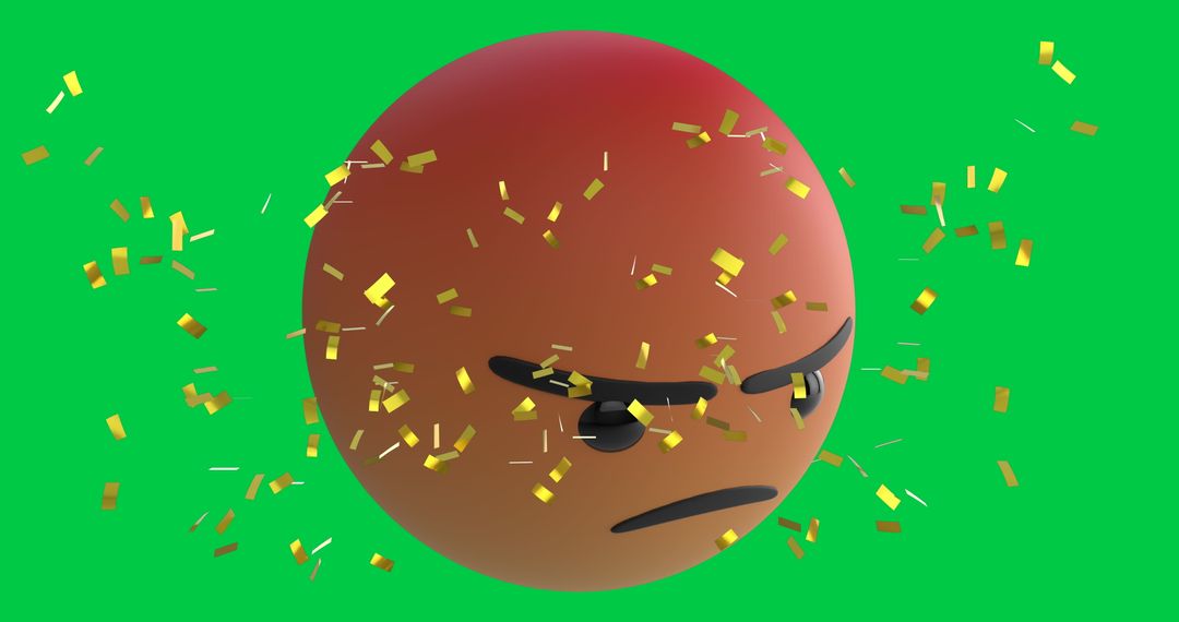 Angry Emoji Icon with Floating Confetti on Green Background
