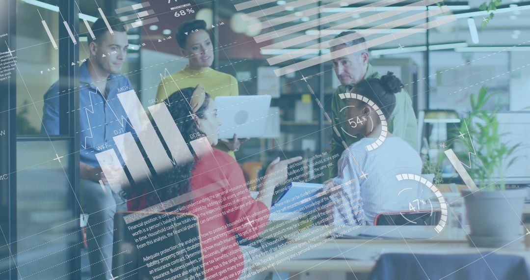 Team Meeting with Overlay of Financial Data Graphics