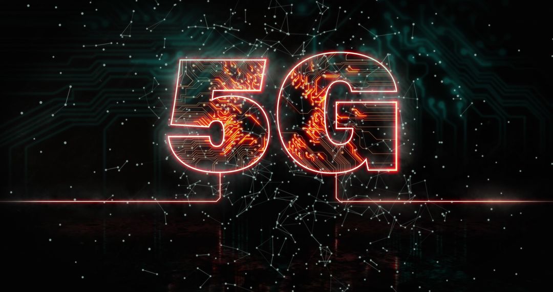 5G Symbol with Futuristic Light Trails on Circuit Background