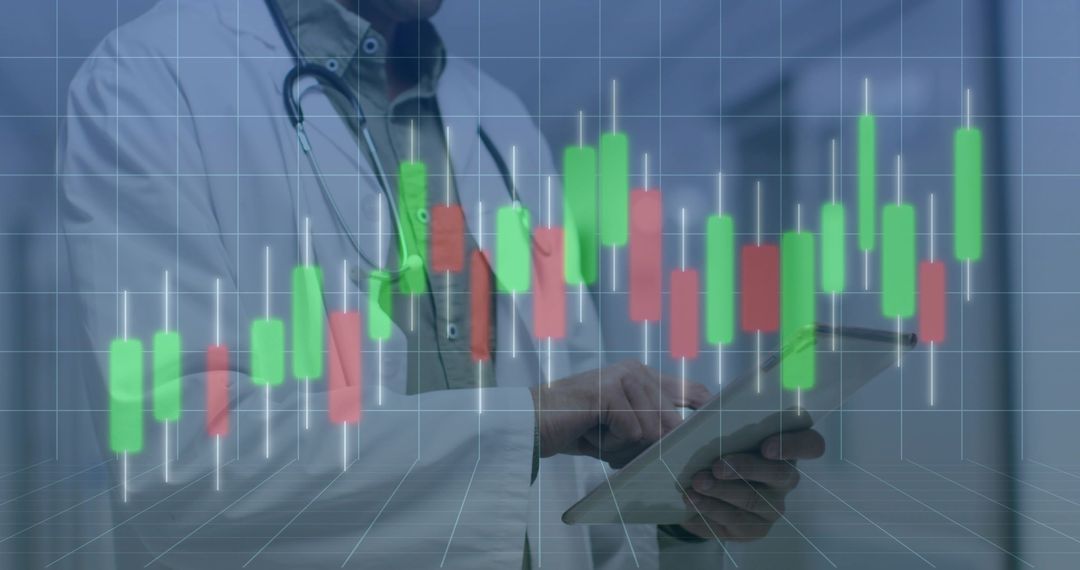 Doctor Analyzing Candlestick Chart on Tablet, Stethoscope, Digital Healthcare Analytics