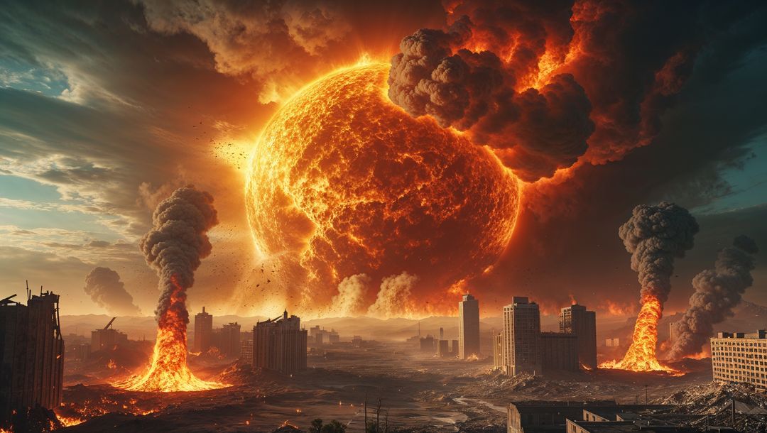 Glowing Molten Sphere Above Apocalyptic Ruined Cityscape