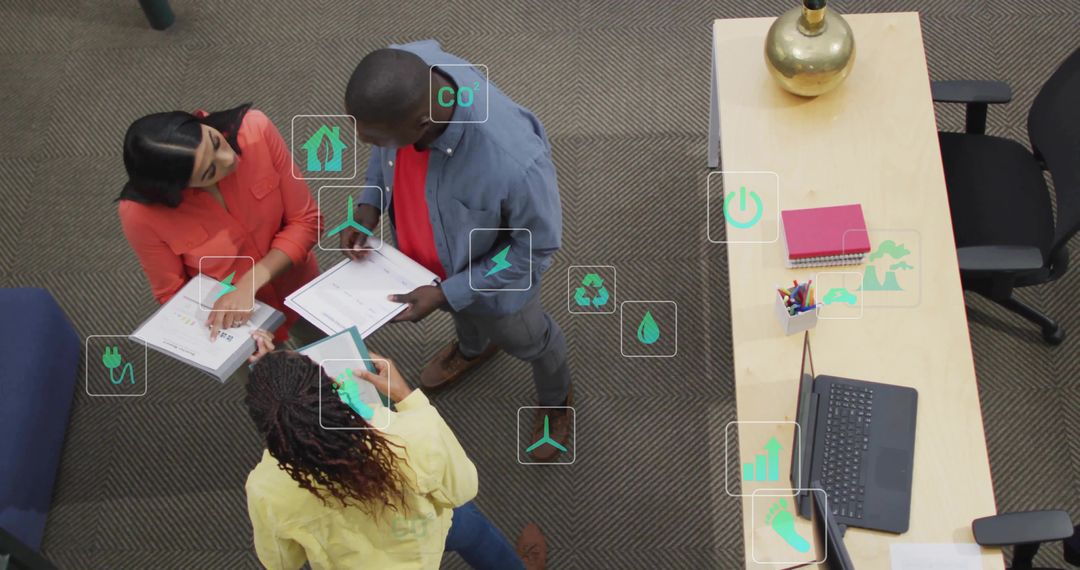 Diverse Team Discussing Sustainability in Modern Office Environment